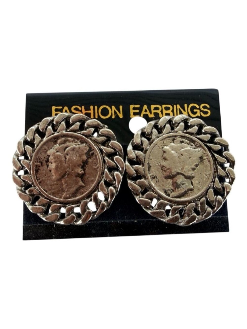 Vintage NOS Large Statement Clip-On Earrings Coin Center Chain Edge Accent